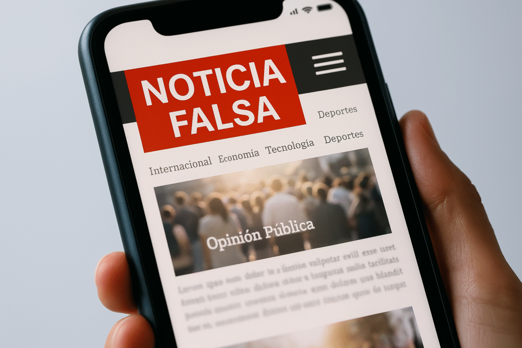 Smartphone sostenido en una mano mostrando en pantalla una alerta en rojo con el texto “Noticia falsa”, mientras el resto de las noticias y categorías aparecen borrosas, representando el impacto de las fake news en la reputación corporativa.