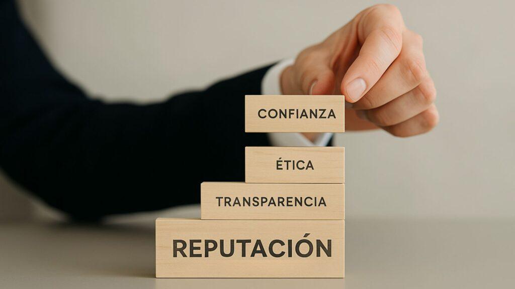 Bloques de madera con palabras clave como reputación, transparencia, ética y confianza, simbolizando la construcción progresiva de la credibilidad empresarial.