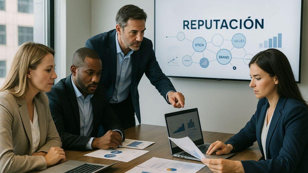 Equipo de profesionales analizando métricas y estrategias para evaluar el impacto de la reputación corporativa en una reunión ejecutiva.