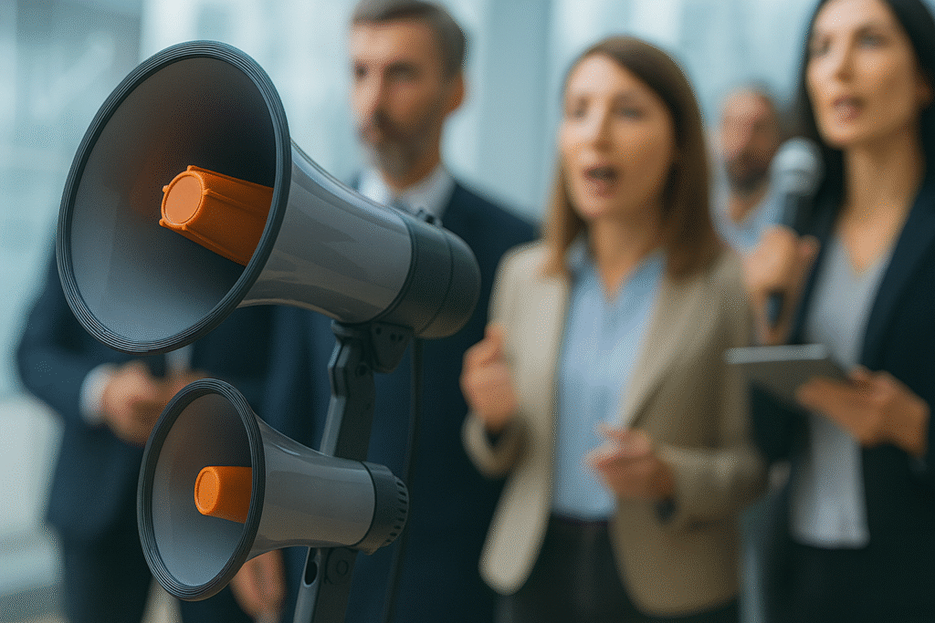 Voceros empresariales comunicando mensajes estratégicos con megáfonos en un entorno corporativo moderno.