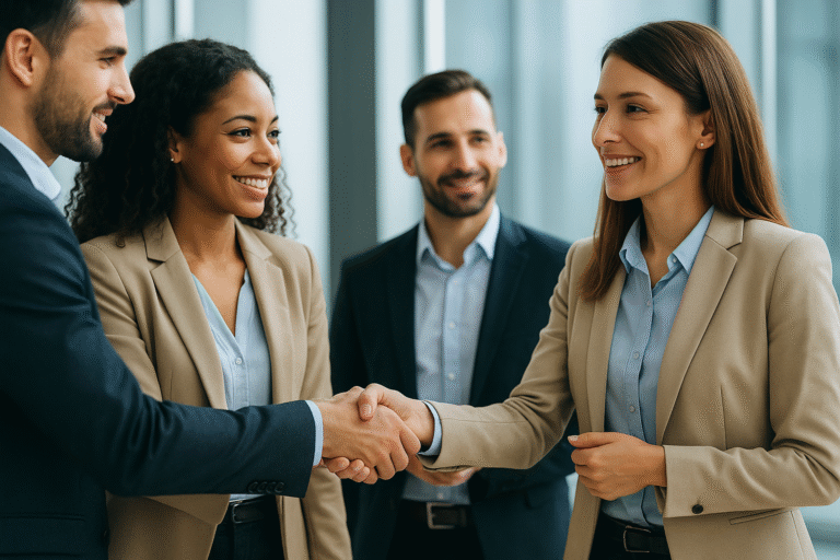Profesionales estrechando manos en un entorno corporativo, simbolizando alianzas estratégicas y relaciones sostenibles.
