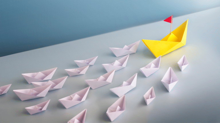 Barco de papel amarillo con bandera roja liderando a una flota de barcos blancos sobre una superficie azul.