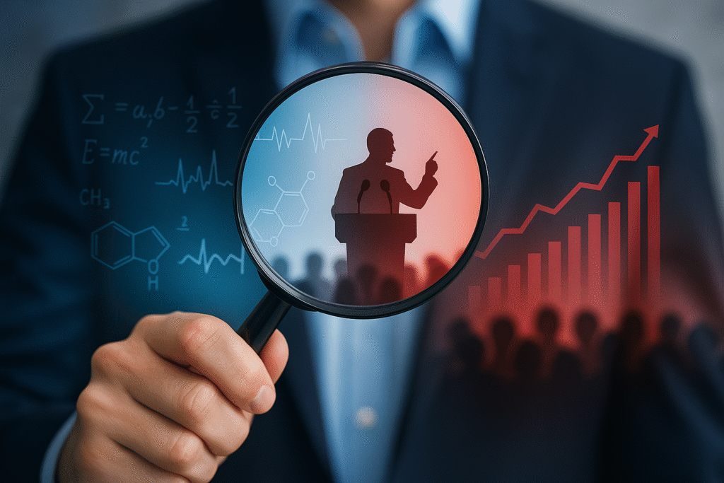 Mano sosteniendo una lupa que revela la silueta de un orador político, rodeada de fórmulas científicas y gráficos ascendentes, simbolizando el monitoreo simultáneo de la ciencia y la política.
