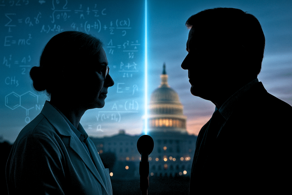 Siluetas de un científico y un político enfrentados frente al Capitolio de Estados Unidos, separados por una línea de luz azul que simboliza la tensión entre ciencia y poder.