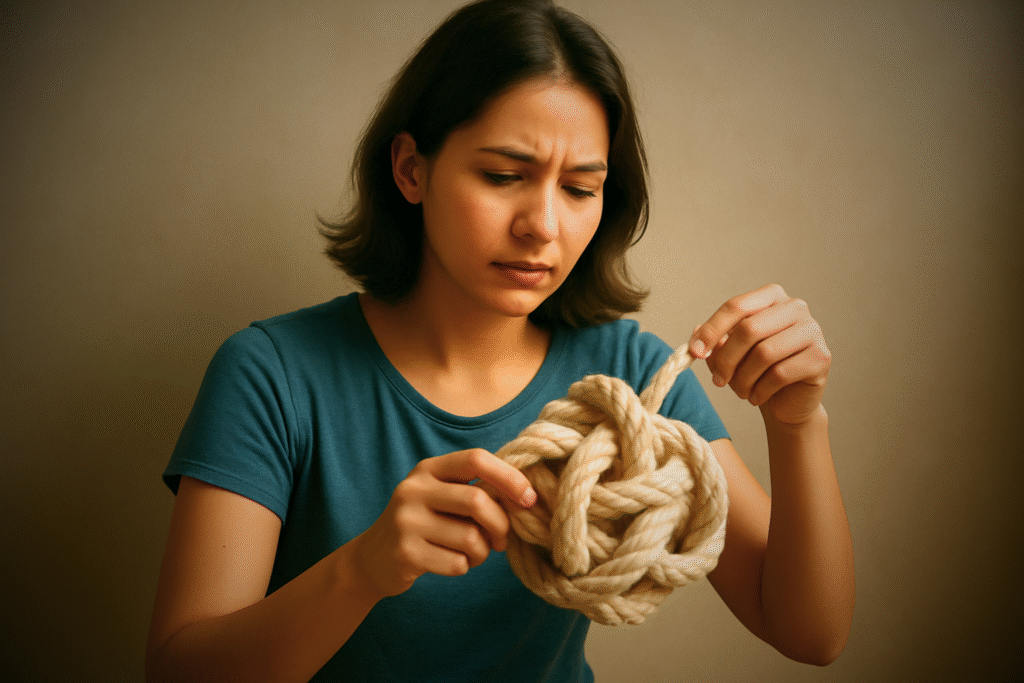 Mujer sosteniendo y desatando un gran nudo de cuerda, simbolizando la liberación emocional y la transformación personal.
