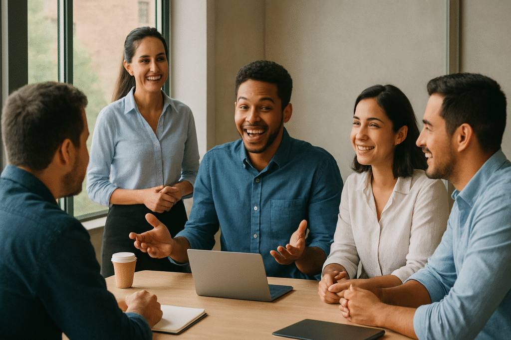 Equipo de jóvenes profesionales latinos colaborando y sonriendo en una reunión de trabajo.