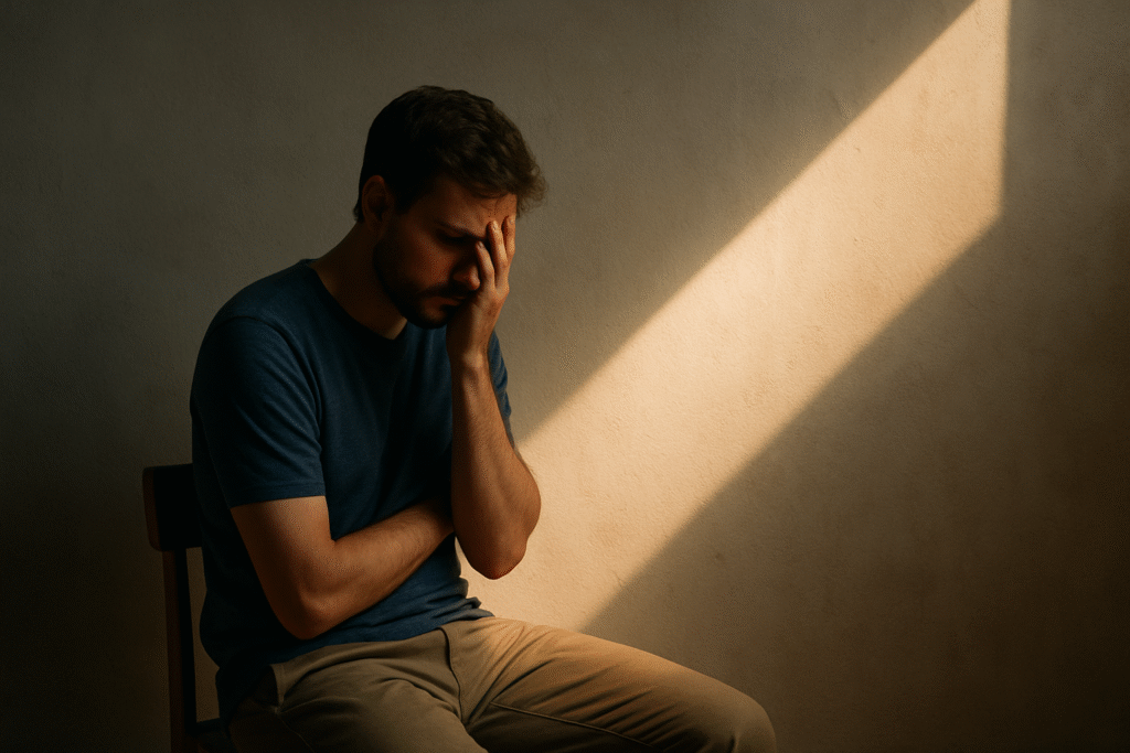 Hombre cansado sentado con la mano en el rostro, iluminado por un rayo de luz que simboliza agotamiento emocional.