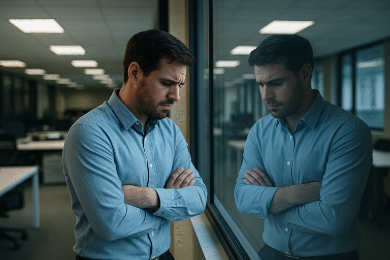 Hombre en oficina mirando su reflejo con expresión preocupada, simbolizando desconexión laboral y desgaste.