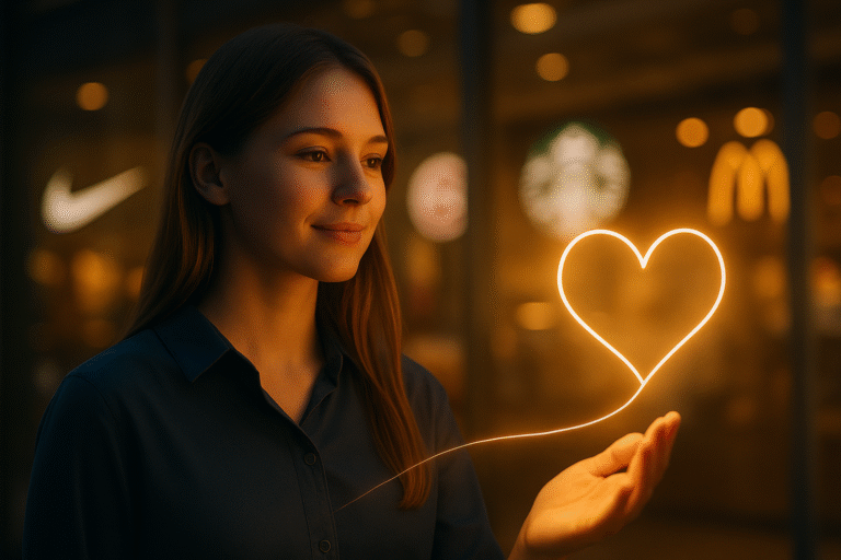 Mujer joven sosteniendo un corazón luminoso con logotipos de marcas en el fondo.