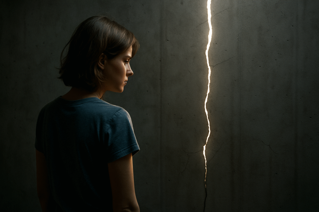 Mujer mirando una grieta iluminada en la pared, simbolizando vulnerabilidad y posibilidad de transformación.
