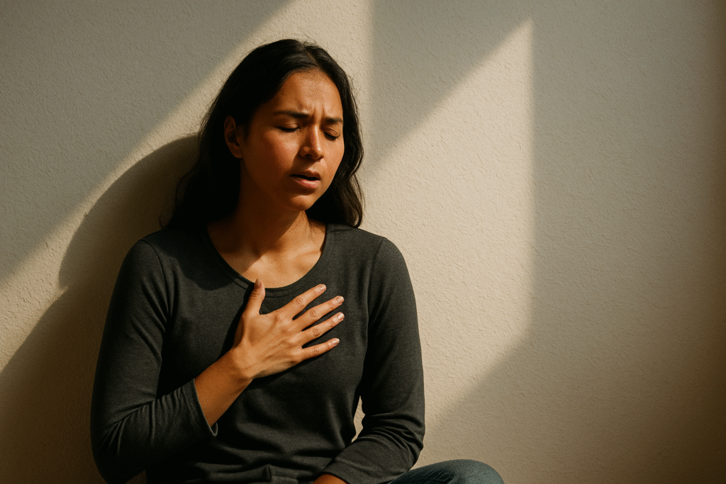 Mujer con la mano en el pecho respirando profundamente, expresando cansancio y necesidad de pausa emocional.