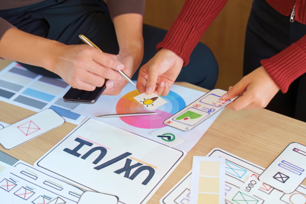 Dos personas colaborando sobre prototipos UX/UI con paletas de color y wireframes.