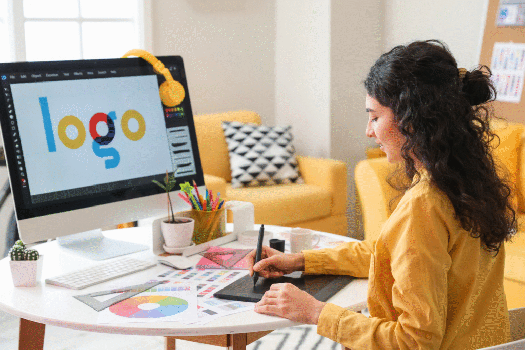 Diseñadora gráfica trabajando en una tableta digital frente a su computadora mientras desarrolla un logotipo profesional.