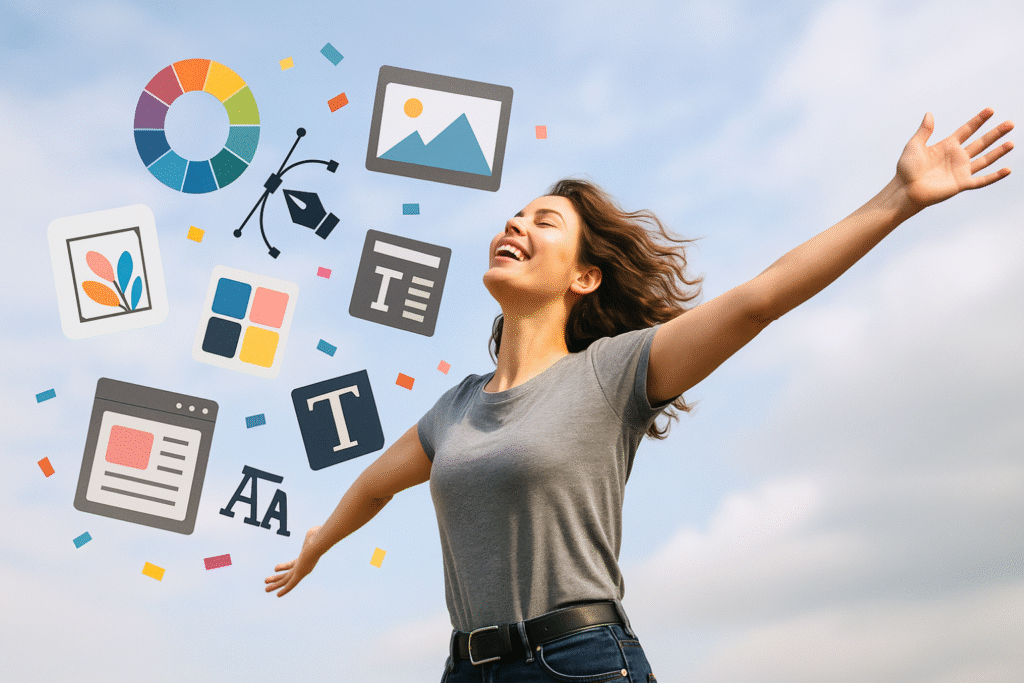 Mujer con los brazos extendidos rodeada de iconos de diseño flotantes.