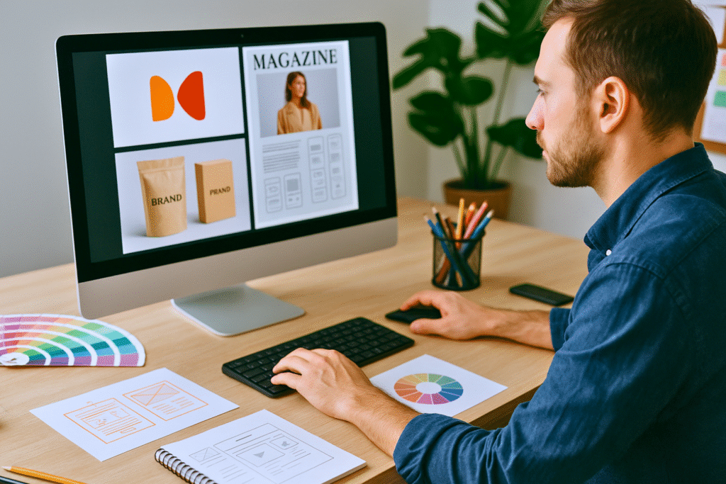 Diseñador analizando proyectos visuales de branding, packaging y diseño editorial en pantalla.