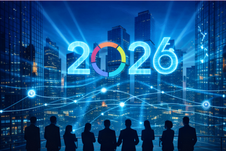 Silhuetas de personas observando el año 2026 proyectado sobre una ciudad digital, símbolo de futuro, estrategia y transformación organizacional.