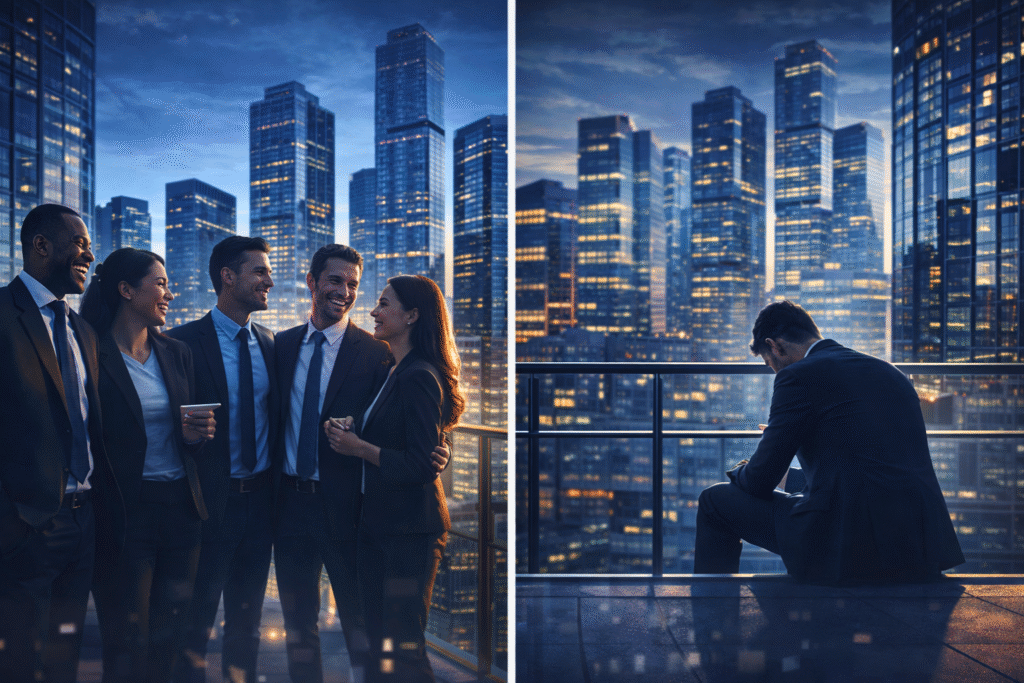 Grupo de profesionales compartiendo un momento de cercanía frente a un skyline urbano, contrastado con una persona sola y aislada en el mismo entorno.