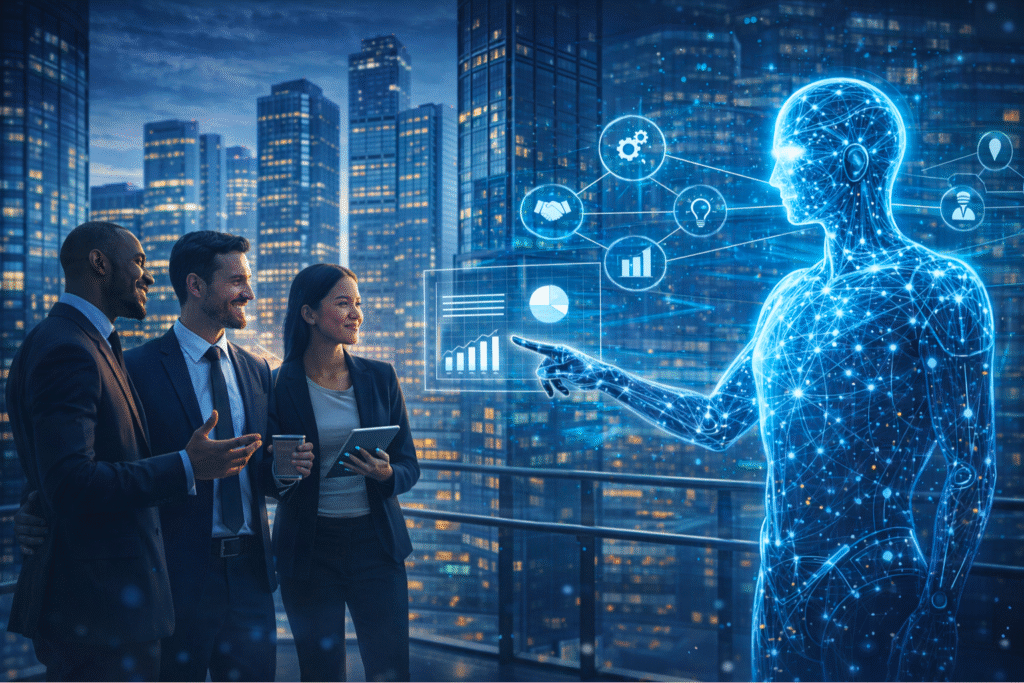 Equipo de profesionales interactuando con una figura digital que representa la inteligencia artificial en un entorno corporativo nocturno.