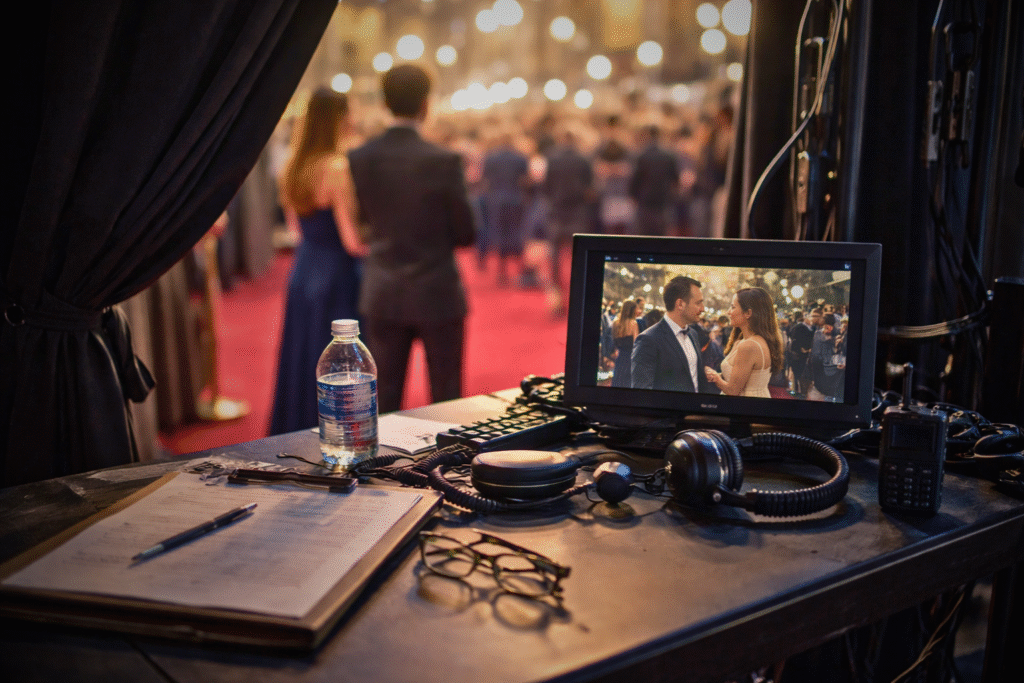 Escena detrás de cámaras de una premiación, con monitor y equipo técnico observando la alfombra roja mientras ocurre el evento principal.