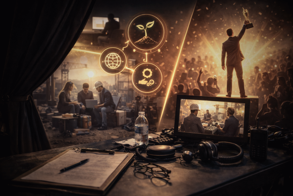 Contraste entre una escena de premiación en el escenario y equipos trabajando estratégicamente fuera de foco.