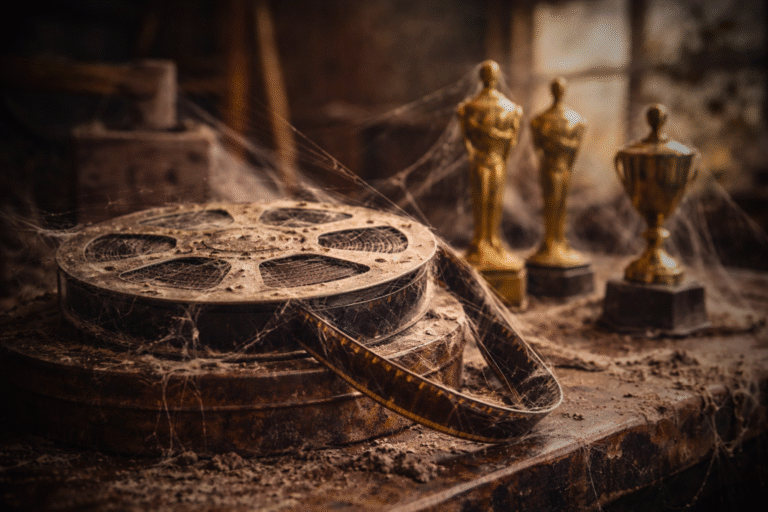 Rollos de película antiguos y estatuillas de premios en desuso, cubiertos por el paso del tiempo, simbolizando reconocimientos olvidados.