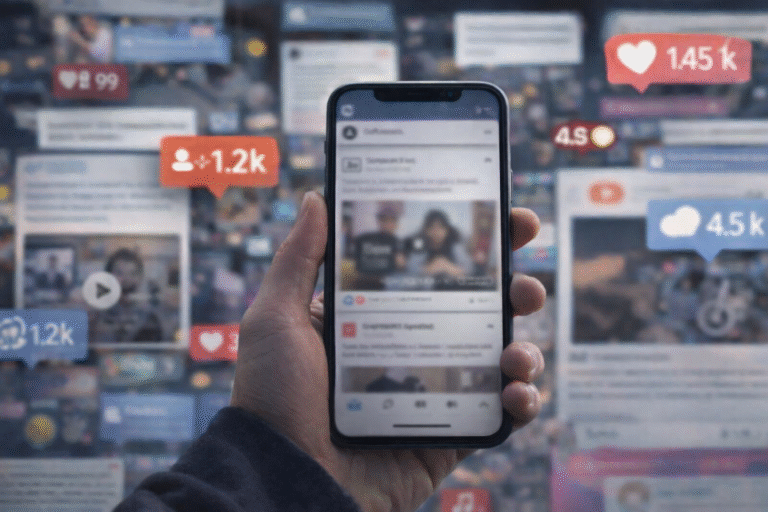 Persona sosteniendo un teléfono móvil mientras consume contenido en redes sociales, rodeada de múltiples publicaciones y notificaciones que reflejan la saturación informativa digital.