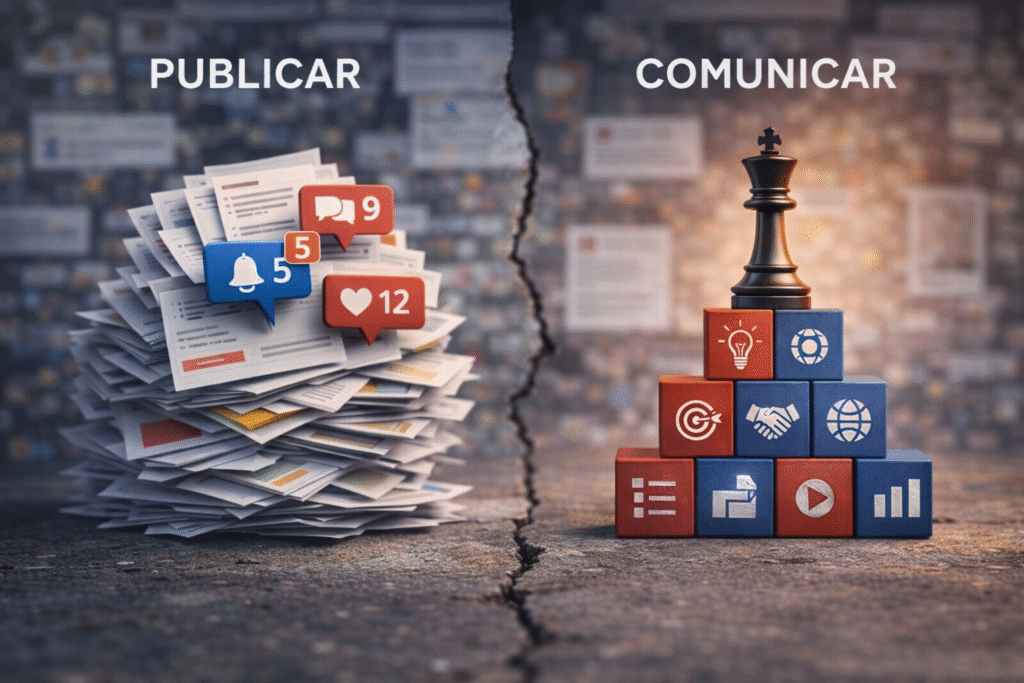 Comparación visual entre publicar contenido de forma desordenada y comunicar estratégicamente mediante una estructura clara orientada a significado y confianza.