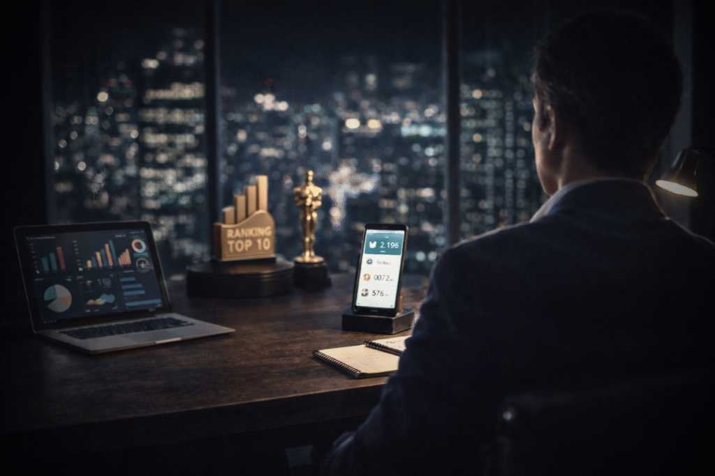 Ejecutivo observando pantallas con métricas y datos, con símbolos de rankings y premios en segundo plano.