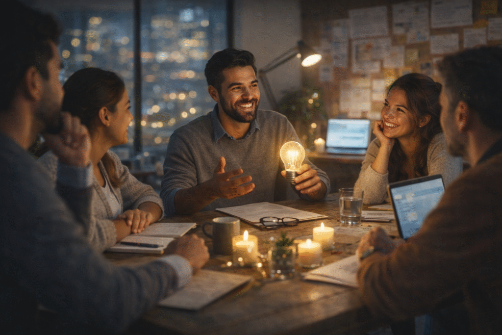 Profesional presentando en una sala de reuniones mientras se proyecta una escena de conferencia de prensa, representando la gestión estratégica de la confianza y la reputación.