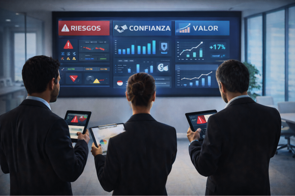 Equipo directivo analizando riesgos, confianza y valor en un entorno corporativo de alta exposición reputacional.