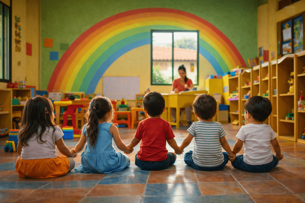 Niños pequeños sentados en círculo tomados de la mano dentro de un aula colorida mientras una maestra trabaja al fondo.