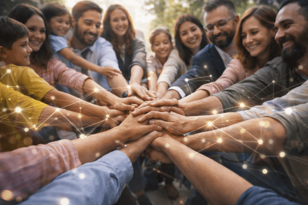 Grupo diverso de personas de distintas edades colocando sus manos juntas en el centro, simbolizando colaboración, alianzas y pensamiento colectivo.