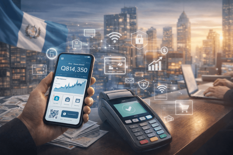 Mano sosteniendo un celular con saldo en quetzales frente a un POS y la bandera de Guatemala, simbolizando solidez financiera digital.