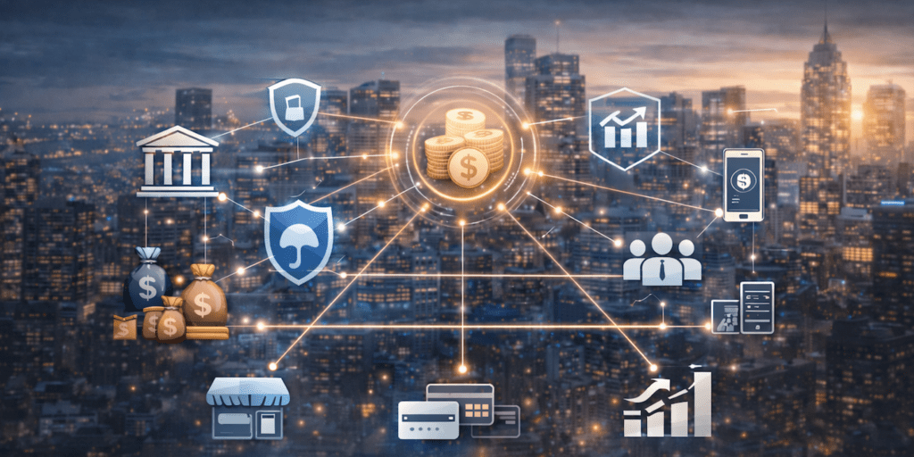 Red digital de iconos de bancos, monedas y escudos sobre una ciudad, ilustrando la interconexión y seguridad del sistema financiero.