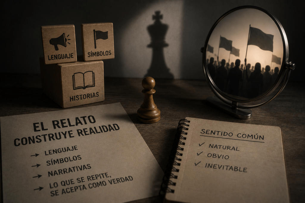 Objetos simbólicos sobre una mesa representan cómo el lenguaje, los símbolos y las historias construyen narrativas que moldean el sentido común y la percepción colectiva.