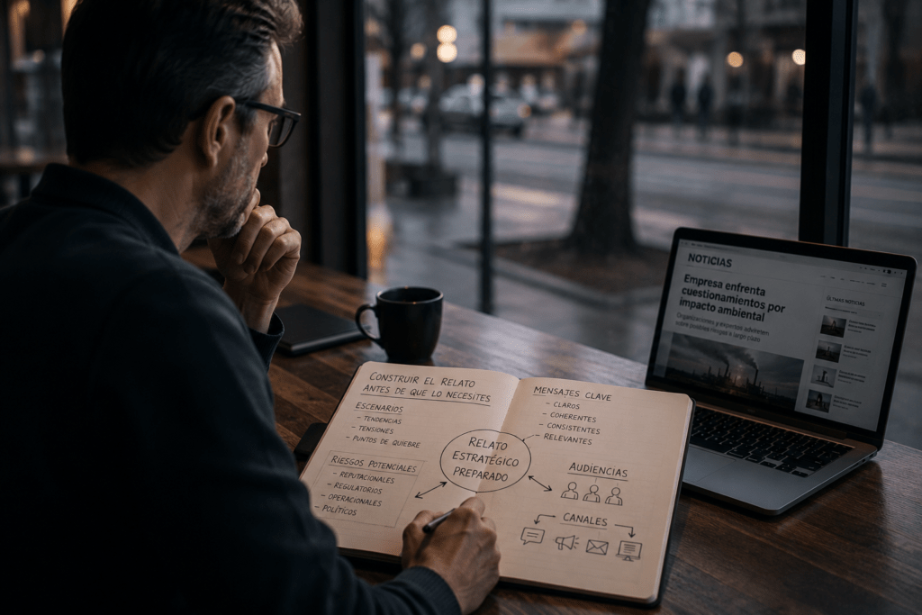 Profesional desarrolla un plan de comunicación estratégica evaluando riesgos, escenarios y mensajes clave antes de una potencial crisis organizacional.