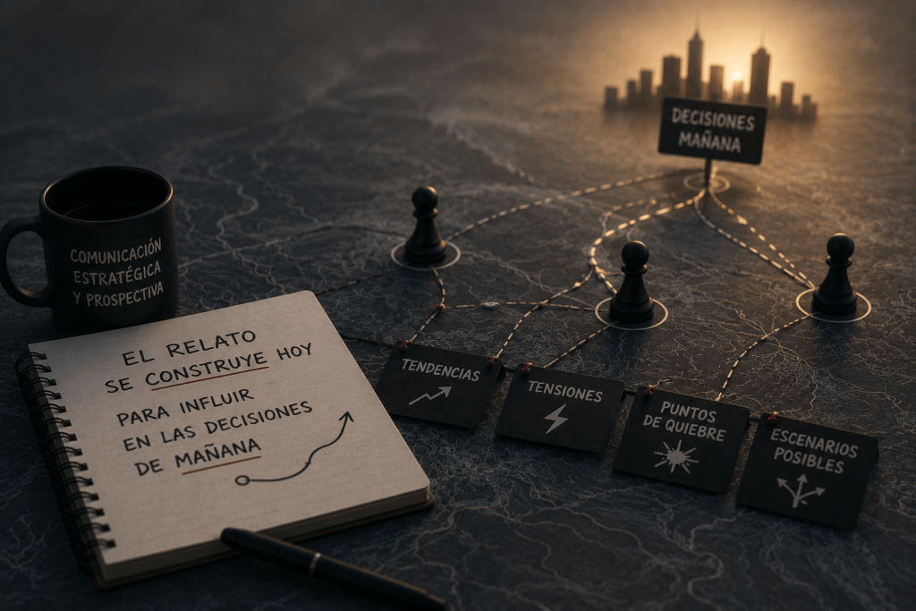 Mapa estratégico con rutas, escenarios y elementos visuales que representan prospectiva, comunicación estratégica y construcción anticipada de narrativas.