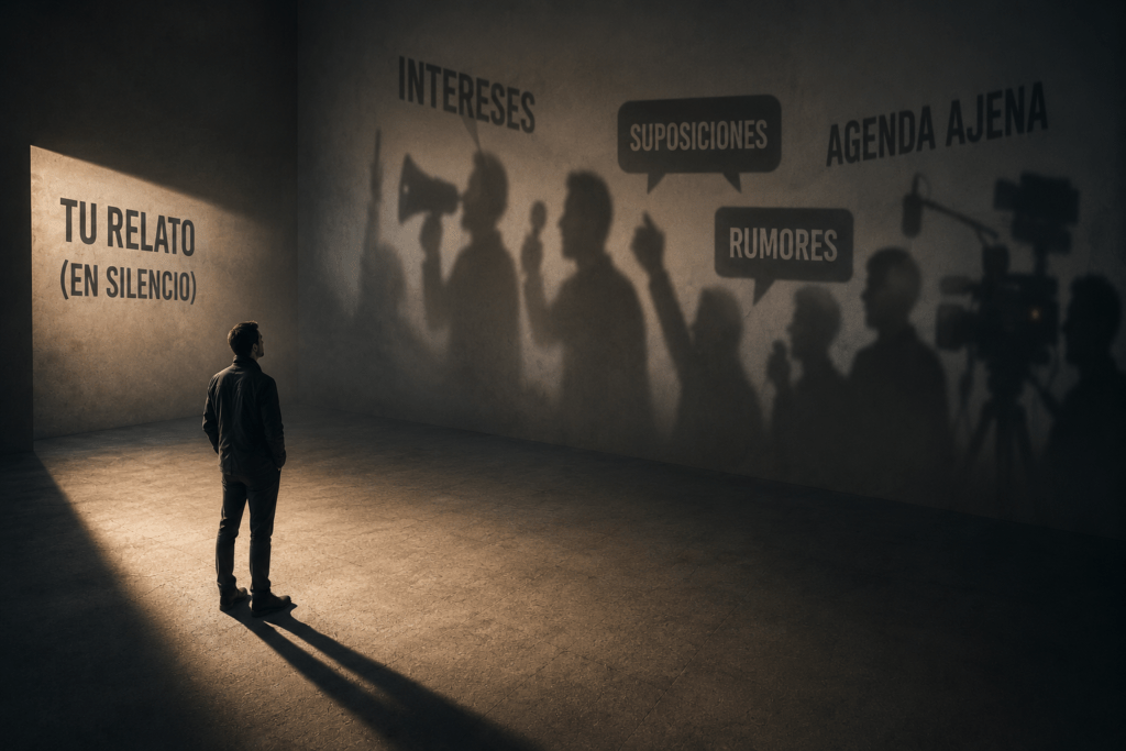 Persona observando cómo voces externas proyectan rumores, intereses y agendas ajenas cuando no existe una narrativa propia definida.
