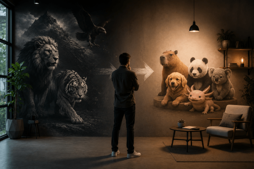 Profesional observa una composición visual dividida entre símbolos tradicionales de poder representados por un león, un tigre y un águila, y animales asociados a cercanía y afinidad como un capibara, un perro, un panda, un koala y un ajolote.