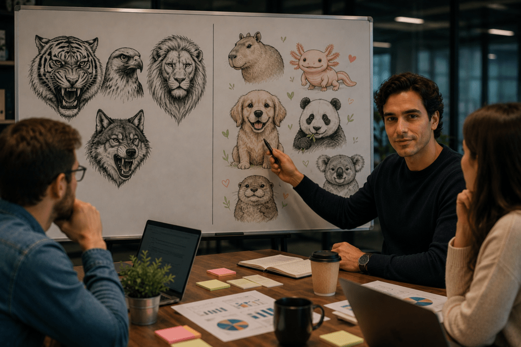 Equipo creativo observa un pizarrón dividido entre animales asociados al poder, como tigres, leones y lobos, y animales vinculados a cercanía, como capibaras, pandas, koalas y perros.