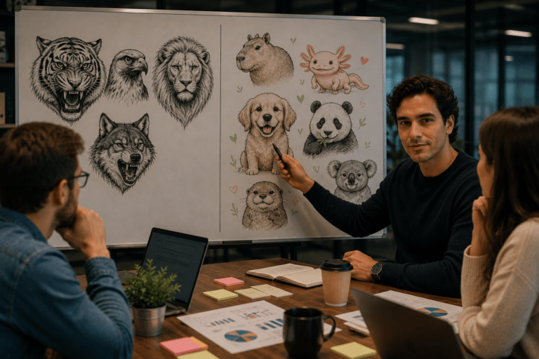 Equipo creativo observa un pizarrón dividido entre animales asociados al poder, como tigres, leones y lobos, y animales vinculados a cercanía, como capibaras, pandas, koalas y perros.