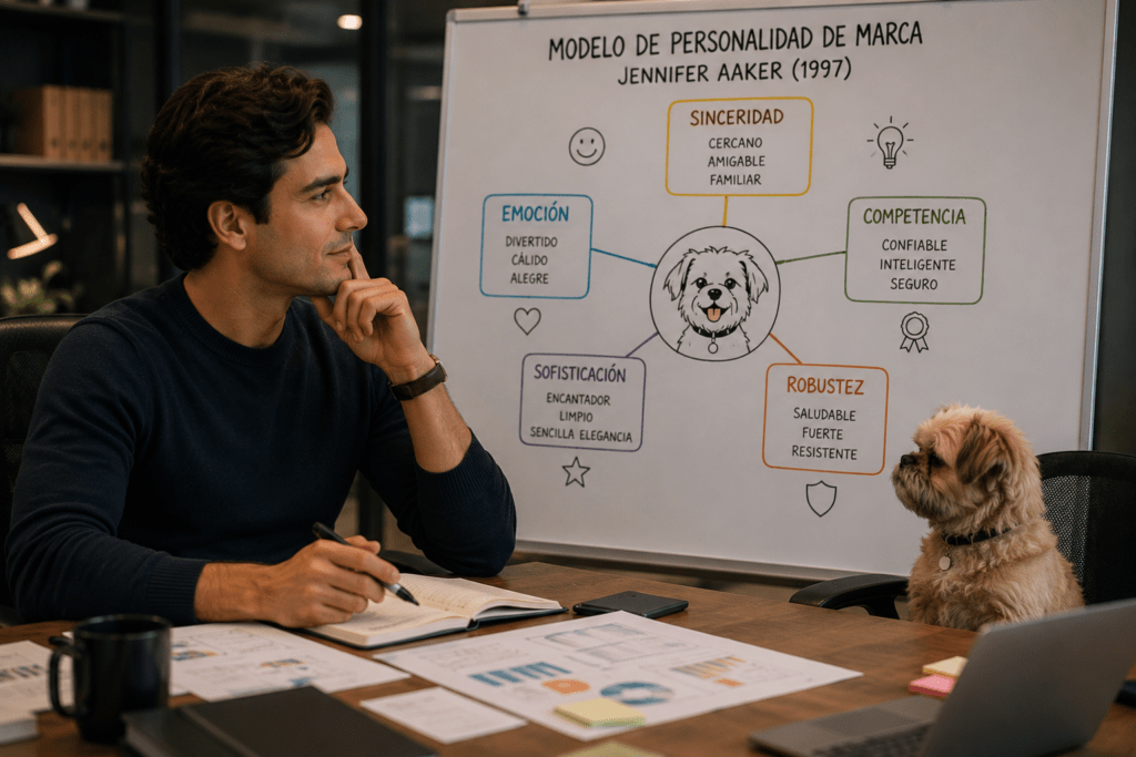 Profesional analiza un esquema de personalidad de marca mientras observa a un pequeño perro utilizado como ejemplo de cercanía y afinidad emocional.