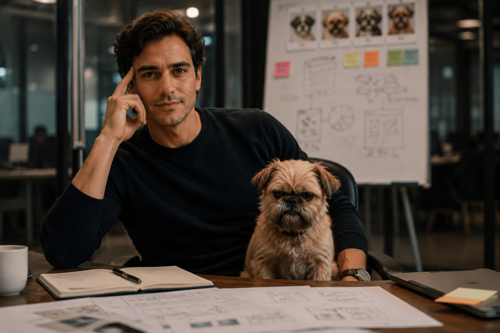 Profesional de marketing sentado frente a la cámara junto a un pequeño perro de expresión seria durante una sesión de trabajo en una oficina moderna.