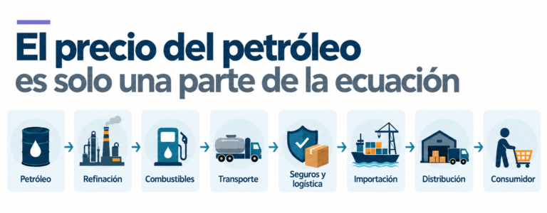 Infografía que muestra la cadena desde petróleo y refinación hasta combustibles, transporte, logística, importación, distribución y consumidor.