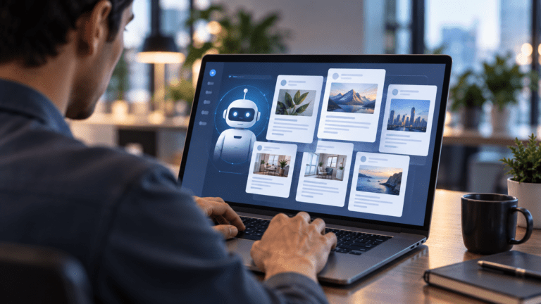 Profesional observa en una laptop varias propuestas de contenido generadas por inteligencia artificial.