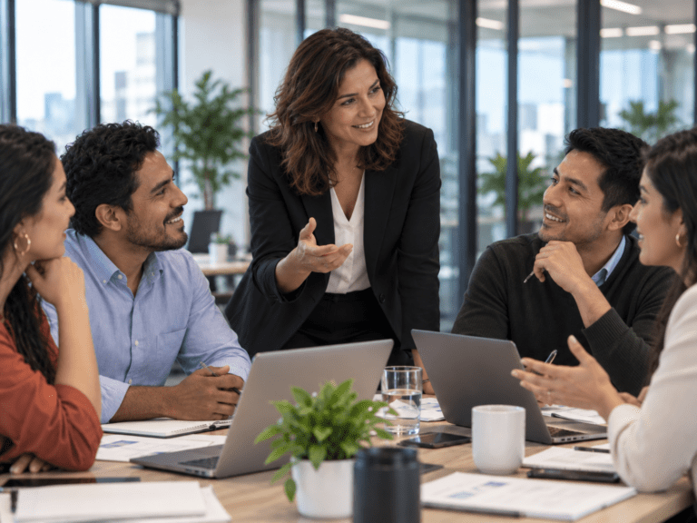 Líder latinoamericana conversa con su equipo durante una reunión colaborativa en una oficina moderna.