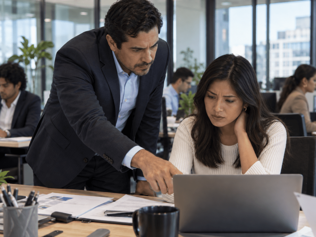 Líder latinoamericano revisa de cerca el trabajo de una colaboradora frente a una laptop en una oficina.