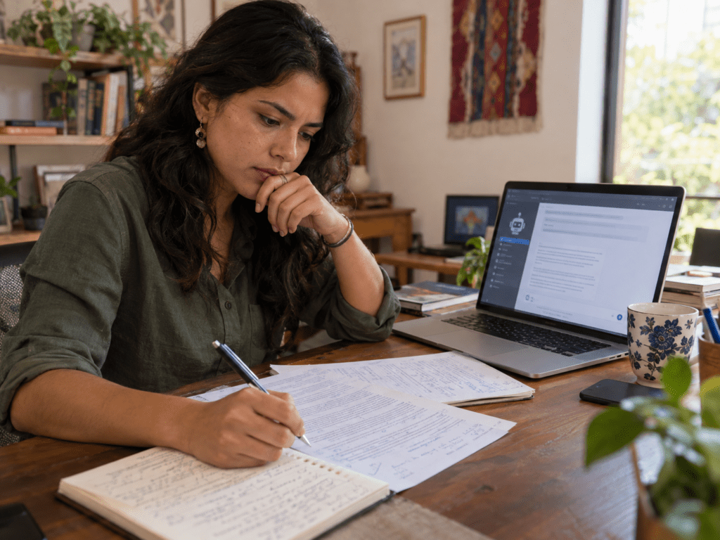 Profesional latinoamericana toma notas y desarrolla ideas propias junto a una laptop con una herramienta de inteligencia artificial.