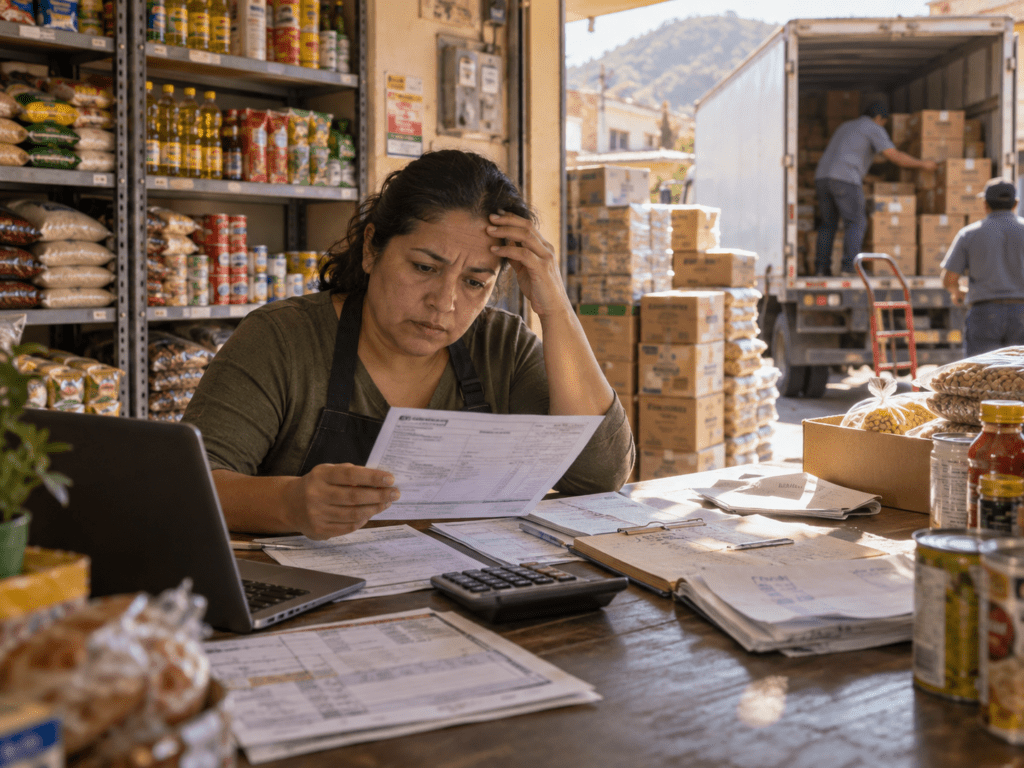 Propietaria de un pequeño comercio revisa facturas y costos mientras recibe mercancía de un camión de reparto.